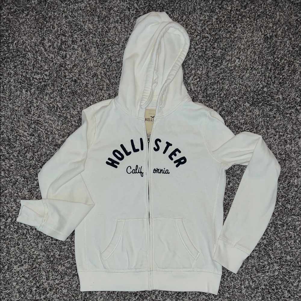 Hollister Cream Zip Hoodie with Navy Lettering